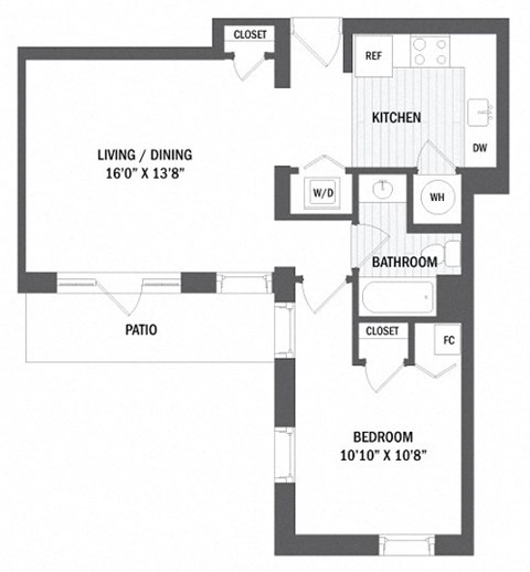 Floor plan for 1 bed, 1 bath, 606 sqft